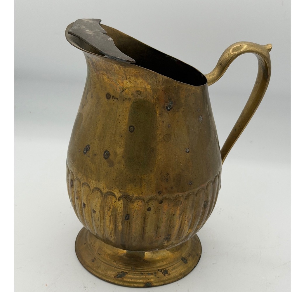 Vintage Solid Brass Water Pitcher Ice Lip Guard Jug Gadroon Made in India